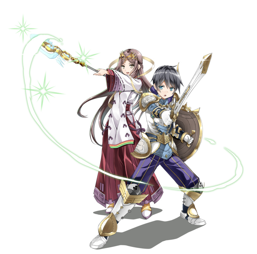 1boy, 1girl, :d, arm_up, armor, armored_boots, bangs, belt
