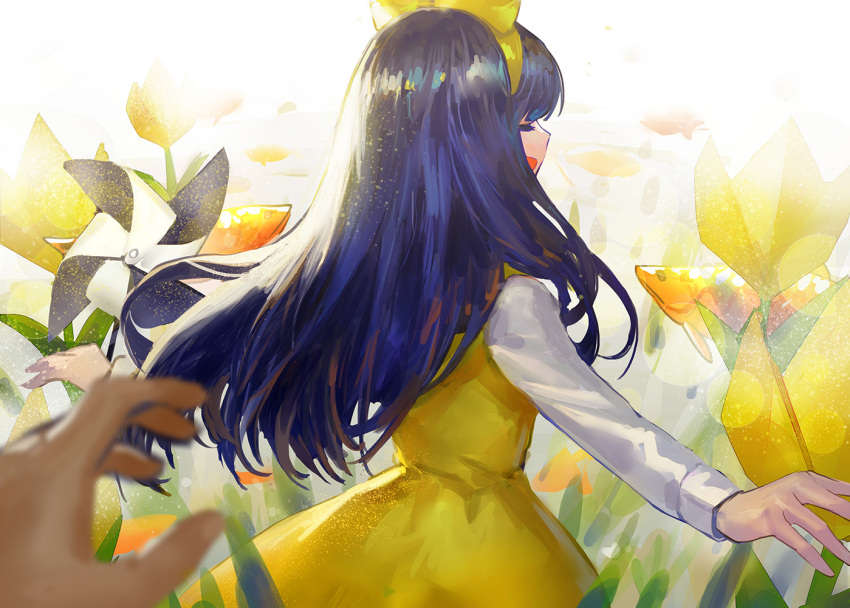 1girl, :d, animal, blue_hair, blurry, blurry_foreground, bow, closed_eyes
