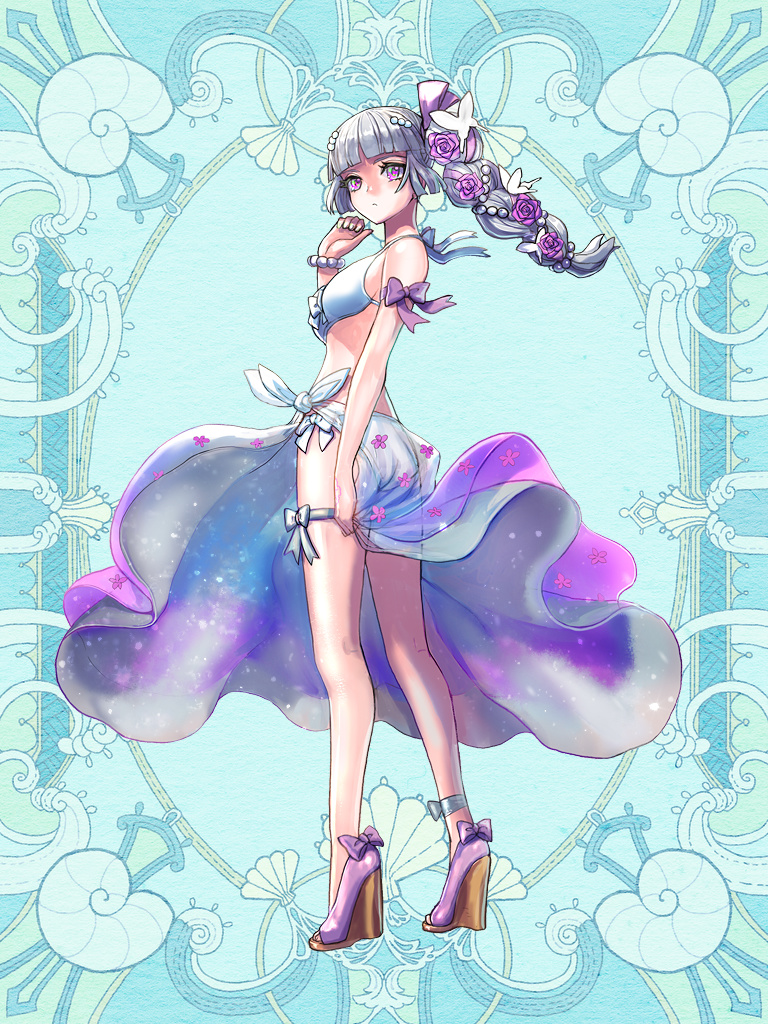 1girl, bangs, bead_bracelet, beads, bikini, blue_background, blunt_bangs, bow