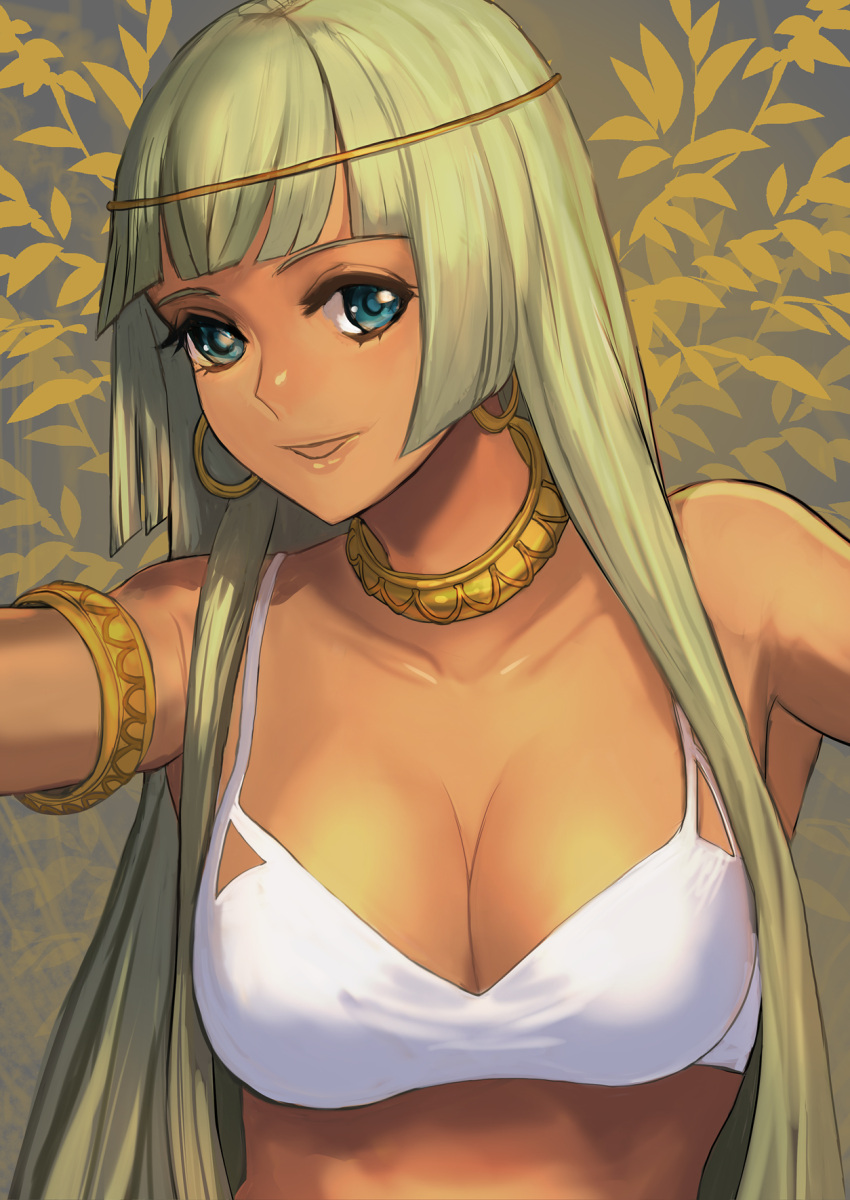 1girl, armlet, bangs, blue_eyes, blunt_bangs, breasts, cleavage, dark_skin, earrings, green_hair, highres, hoop_earrings, jewelry, kishiba_yuusuke, long_hair, looking_at_viewer, medium_breasts, neck_ring, open_mouth, original, solo, upper_body, white_bikini_top