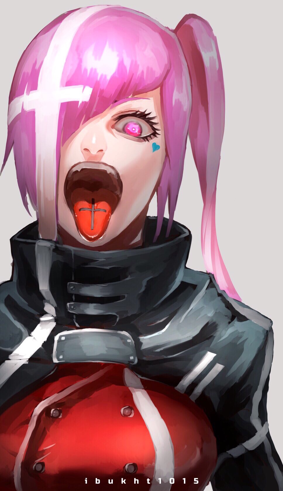 1girl, bangs, breasts, buttons, cross, diagonal_bangs, double-breasted, eyelashes