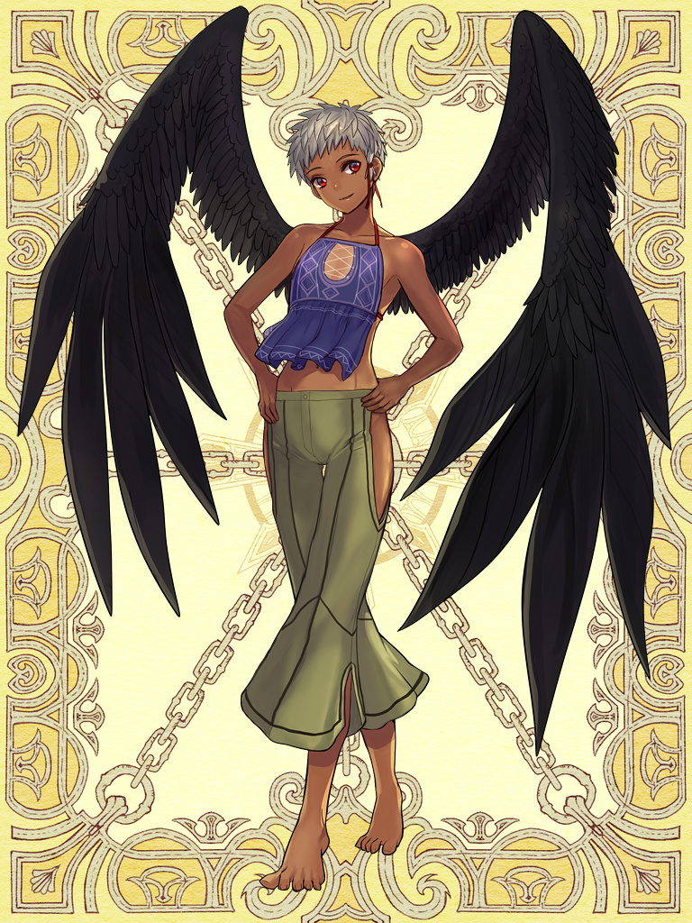 1girl, barefoot, black_wings, breasts, dark_skin, full_body, green_pants, grey_hair