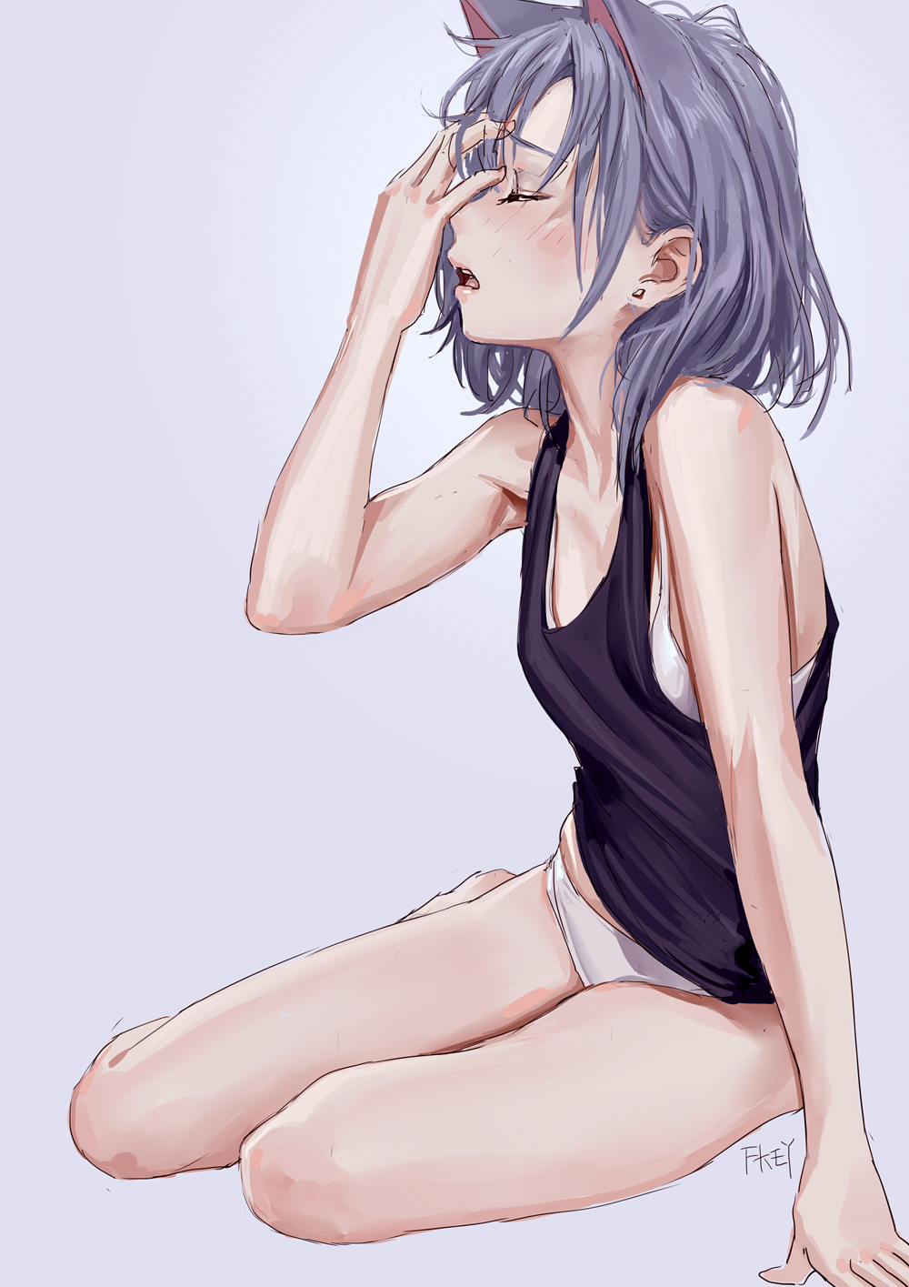 1girl, animal_ears, arm_support, artist_name, bangs, bare_arms, bare_legs, bare_shoulders