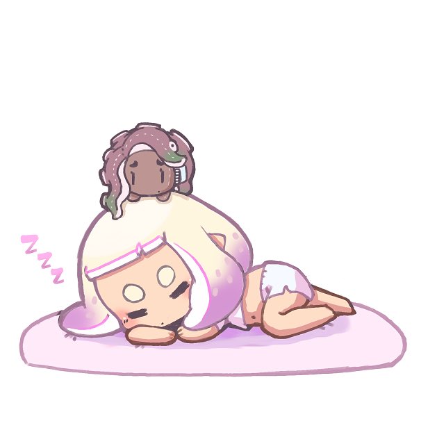 character_doll, closed_eyes, domino_mask, hekoningyou_(waraningyou), lying, marina_(splatoon), mask, mole, mole_under_mouth, on_side, pearl_(splatoon), sleeping, splatoon, splatoon_(series), splatoon_2, tentacle_hair