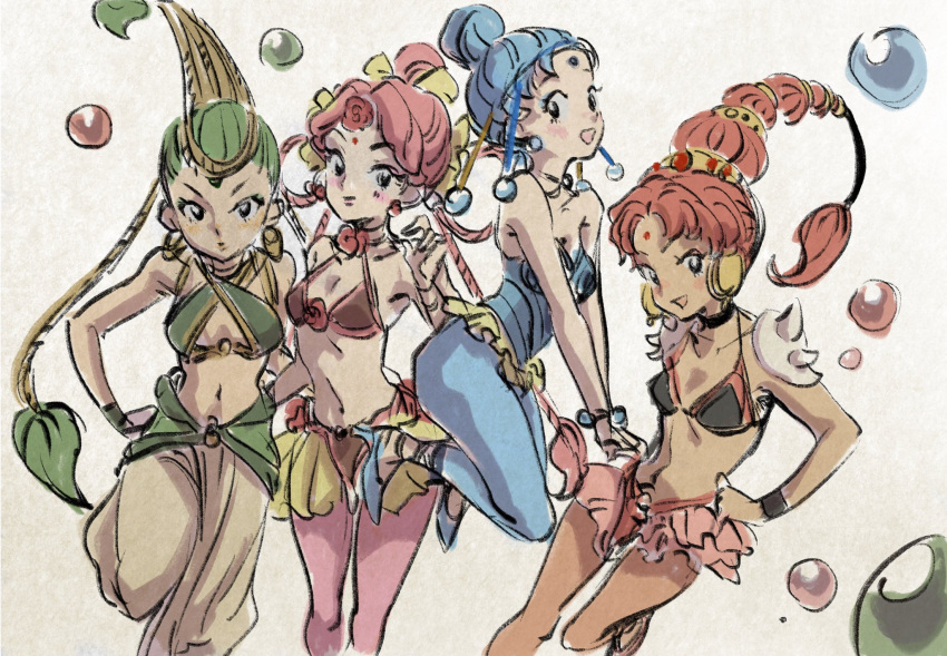 4girls, amazons_quartet, bishoujo_senshi_sailor_moon, blue_eyes, blue_hair, bubble, cerecere_(sailor_moon), earrings, green_hair, hair_bun, highres, jewelry, junjun_(sailor_moon), lineup, long_hair, masso, midriff, multi-tied_hair, multiple_girls, pallapalla_(sailor_moon), pink_hair, redhead, vesves_(sailor_moon)