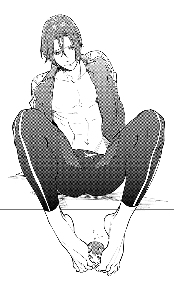 1boy, abs, arm_support, barefoot, feet, free!, jersey, male_focus