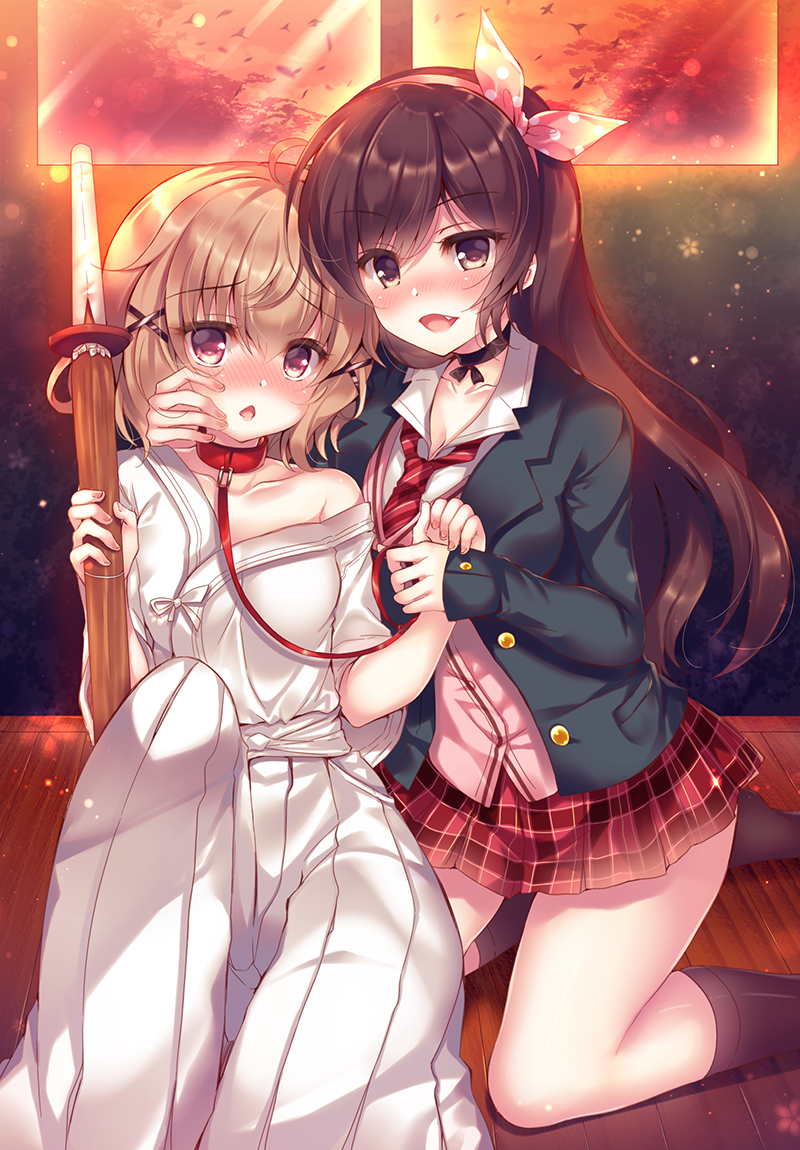 2girls, :d, ahoge, black_jacket, blazer, blush, breasts, brown_eyes