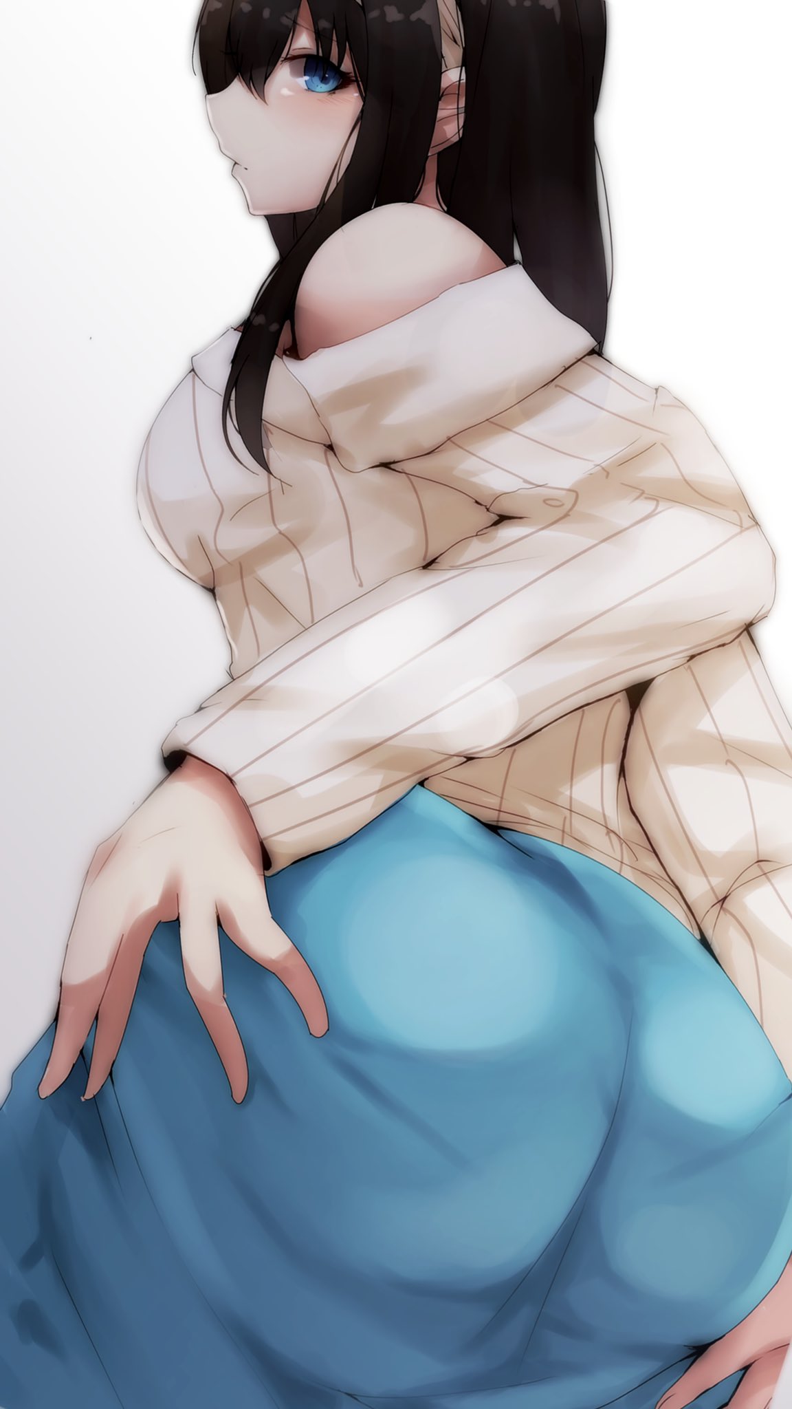 1girl, ass_grab, bangs, bare_shoulders, black_hair, blue_eyes, blue_skirt, blush