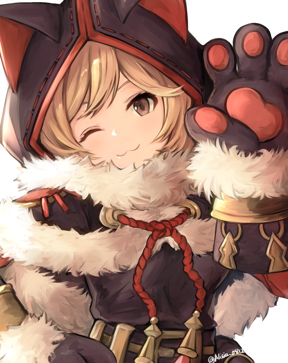 1girl, ;3, alisia0812, animal_hood, black_capelet, black_shirt, blonde_hair, brown_eyes
