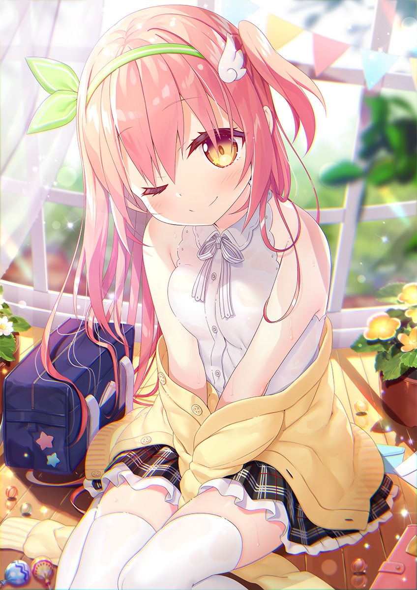 1girl, ;), bag, bare_shoulders, between_legs, black_skirt, blurry, blurry_background, blush, breasts, brown_eyes, candy, cardigan, cardigan_pull, closed_mouth, collared_shirt, commentary_request, depth_of_field, dress_shirt, envelope, flower, food, frilled_skirt, frills, green_hairband, green_ribbon, hair_ribbon, hairband, hand_between_legs, head_tilt, highres, lollipop, long_hair, long_sleeves, moe2019, one_eye_closed, one_side_up, open_cardigan, open_clothes, original, pennant, pink_hair, plaid, plaid_skirt, pleated_skirt, pottery, ribbon, school_bag, see-through, shirt, sitting, skirt, sleeveless, sleeveless_shirt, sleeves_past_fingers, sleeves_past_wrists, small_breasts, smile, solo, star, star_in_eye, string_of_flags, symbol_in_eye, thigh-highs, very_long_hair, wet, wet_clothes, wet_shirt, white_flower, white_legwear, white_shirt, window, wooden_floor, yano_mitsuki, yellow_cardigan, yellow_flower