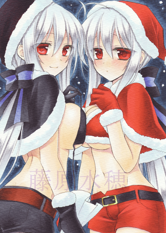 2girls, ahoge, belt, black_bra, black_capelet, black_gloves, black_hat, black_santa_costume