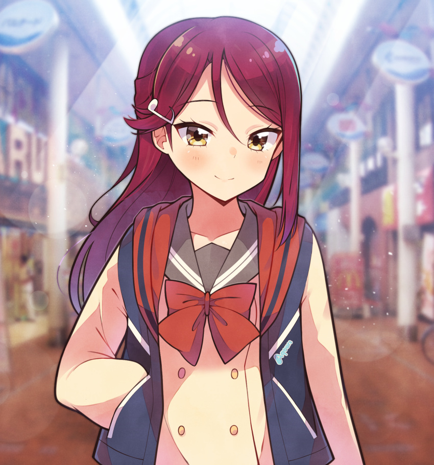 1girl, blue_vest, blurry, blurry_background, blush, bow, ceph_(greatyazawa1819), clothes_writing