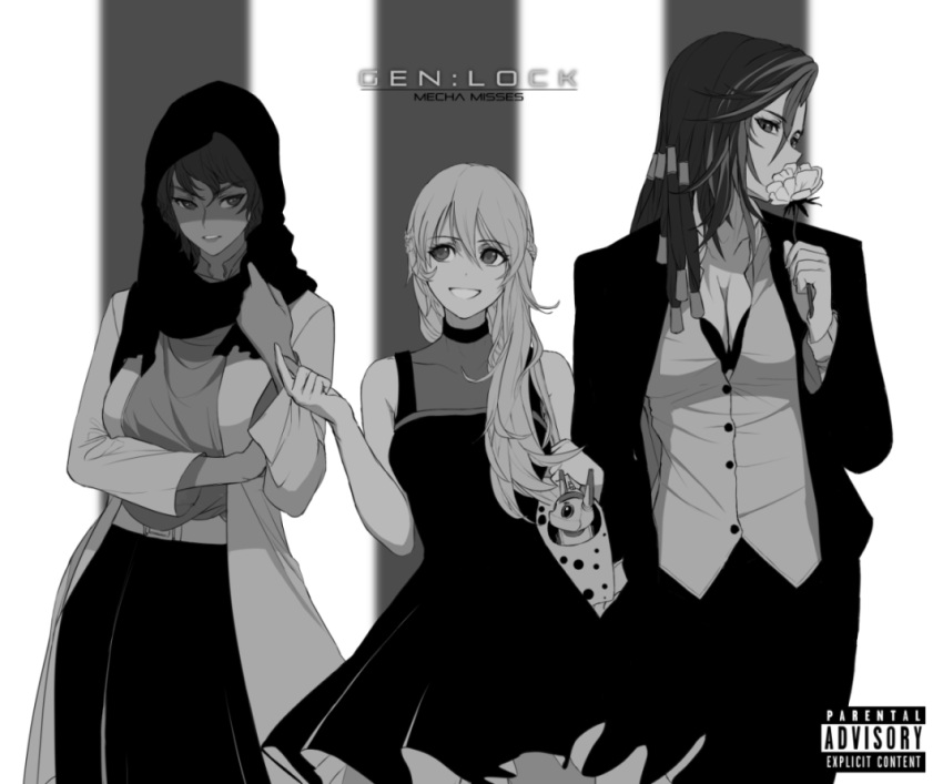 3girls, album_cover, alternate_costume, alternate_hairstyle, bag, black_dress, bra, breasts, cameron_maccloud, cleavage, cover, dishwasher1910, dress, flower, formal, gen_lock, hairlocs, handbag, hijab, jacket, medium_breasts, multiple_girls, parental_advisory, parody, rose, suit, underwear, valentina_romanyszyn, yasamin_madrani