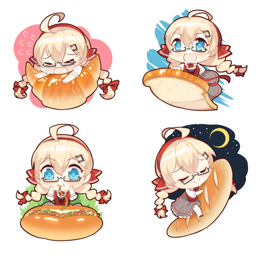 >_<, 1girl, absurdres, ahoge, baguette, black-framed_eyewear, blonde_hair, blue_eyes