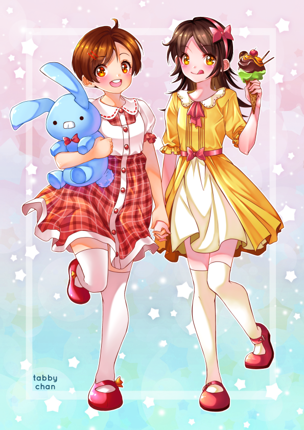 2girls, :d, artist_name, black_hair, blush, breasts, brown_hair, buttons, cherry, collared_dress, commentary, dress, english_commentary, food, fruit, full_body, gradient, gradient_background, hair_ribbon, hand_holding, happy, holding, holding_food, holding_stuffed_animal, ice_cream, long_hair, looking_at_viewer, magali_fernandes_de_lima, monica_sousa, multiple_girls, neck_ribbon, older, open_mouth, orange_eyes, pink_background, pink_ribbon, red_footwear, red_ribbon, ribbon, sansao_(turma_da_monica), shoes, short_hair, short_sleeves, signature, small_breasts, smile, standing, standing_on_one_leg, star, starry_background, stuffed_animal, stuffed_bunny, stuffed_toy, tabby_chan, thigh-highs, turma_da_monica, white_legwear, yellow_dress, yellow_eyes, zettai_ryouiki