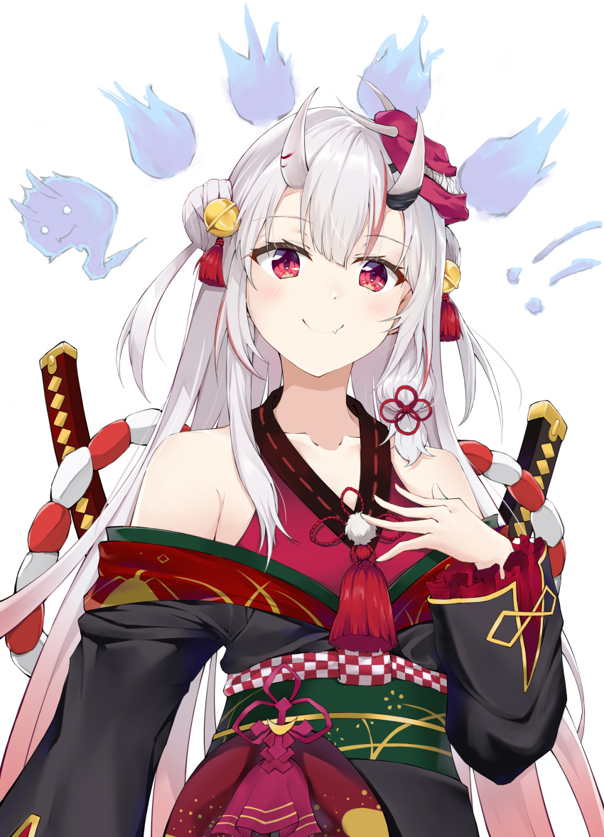 !!, 1girl, absurdres, bangs, bare_shoulders, bell, black_kimono, blush, collarbone, double_bun, eyebrows_visible_through_hair, fang_out, frilled_sleeves, frills, fuji_dorokai, gradient_hair, hair_bell, hair_bun, hair_ornament, hair_ribbon, hand_on_own_chest, highres, hitodama, hololive, horns, japanese_clothes, katana, kimono, long_hair, long_sleeves, looking_at_viewer, mask, mask_on_head, multicolored_hair, nakiri_ayame, off_shoulder, oni, oni_horns, pink_hair, pom_pom_(clothes), purple_shirt, red_eyes, ribbon, rope, shimenawa, shirt, silver_hair, smile, solo, sword, tassel, tress_ribbon, very_long_hair, virtual_youtuber, weapon, white_background