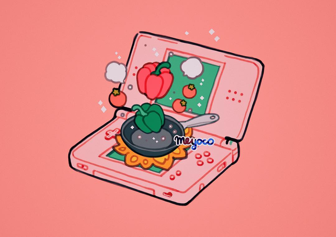 artist_name, cooking, cooking_mama, fire, frying_pan, handheld_game_console, meyoco, nintendo
