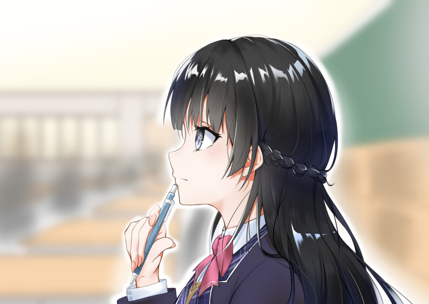 1girl, absurdres, bangs, black_hair, black_jacket, blazer, blurry, blurry_background