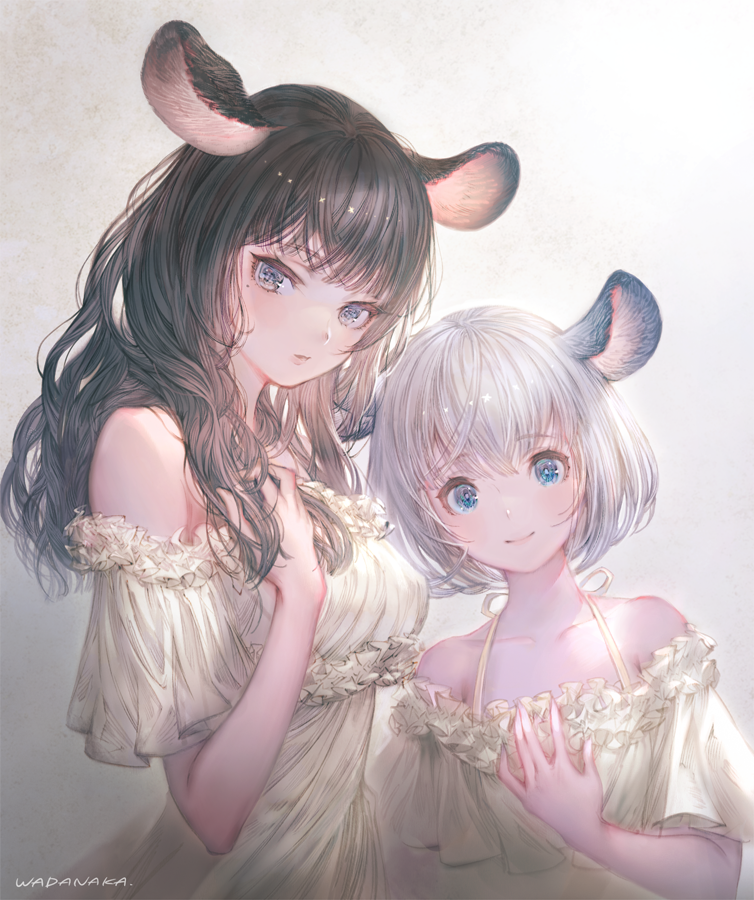 2girls, animal_ears, bangs, bare_shoulders, black_hair, blue_eyes, closed_mouth, collarbone
