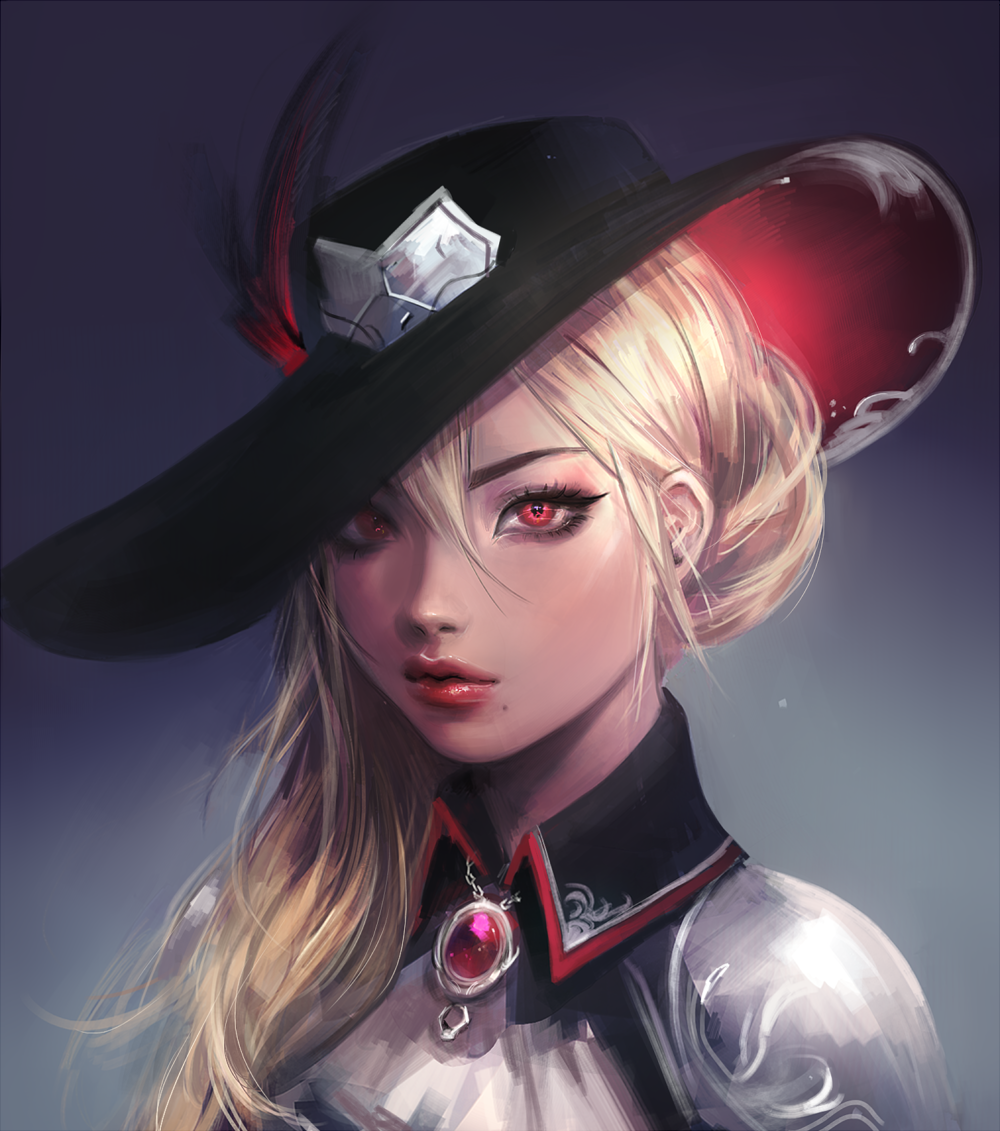 1girl, blonde_hair, commentary, commission, cowboy_hat, english_commentary, eyebrows, eyelashes
