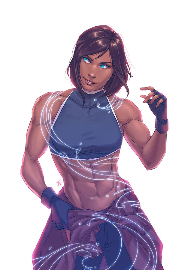 1girl, abs, avatar_legends, bare_shoulders, black_gloves, blue_eyes, brown_hair, clothes_around_waist