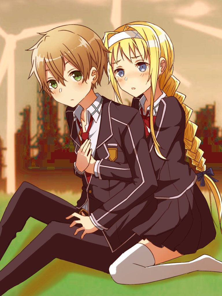 1boy, 1girl, alice_schuberg, black_jacket, black_skirt, blonde_hair, blue_eyes, blue_ribbon