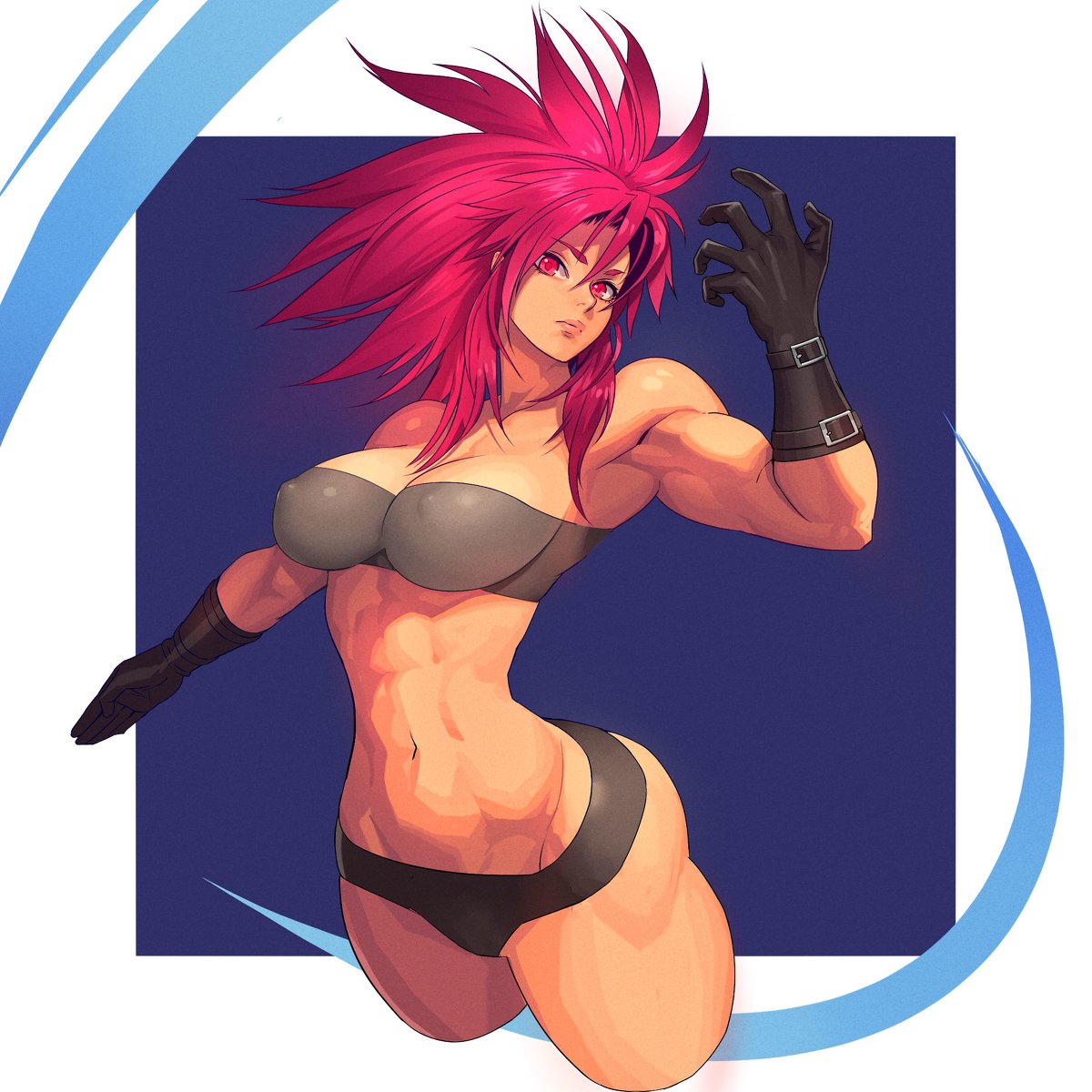 1girl, abs, alternate_hairstyle, armpits, biceps, big_hair, bikini_bottom, breasts