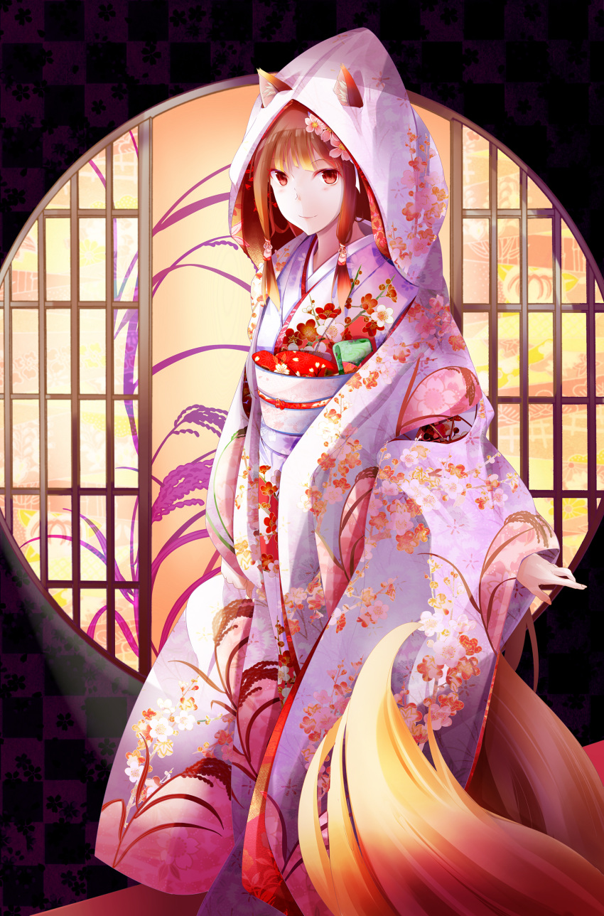1girl, absurdres, animal_ears, brown_hair, floral_print, flower, fudo_shin, hair_flower