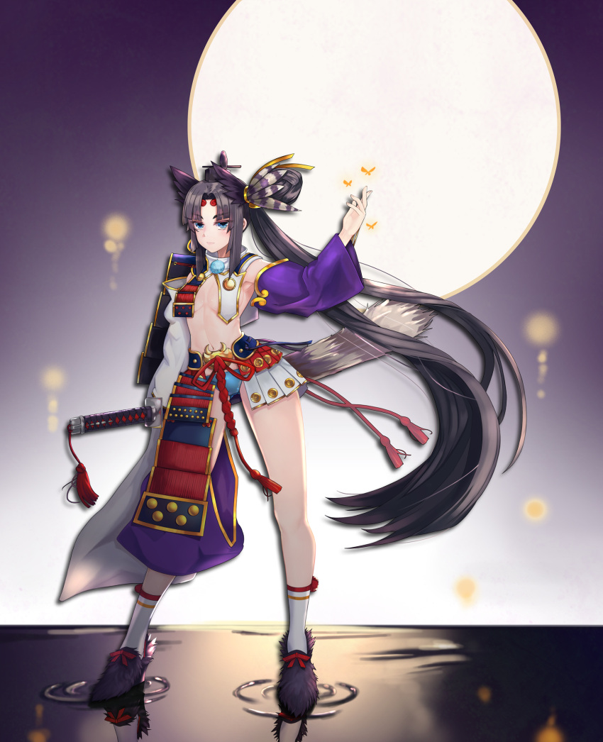 1girl, armor, bangs, black_footwear, black_hair, blue_eyes, blue_panties, breasts, bug, butterfly, detached_sleeves, fate/grand_order, fate_(series), full_body, highres, holding, holding_sheath, insect, japanese_armor, katana, long_hair, mismatched_sleeves, navel, panties, parted_bangs, revealing_clothes, sheath, sheathed, shoulder_armor, side_ponytail, small_breasts, socks, sode, solo, standing, sword, underwear, ushiwakamaru_(fate/grand_order), very_long_hair, weapon, white_legwear, xzzcz01