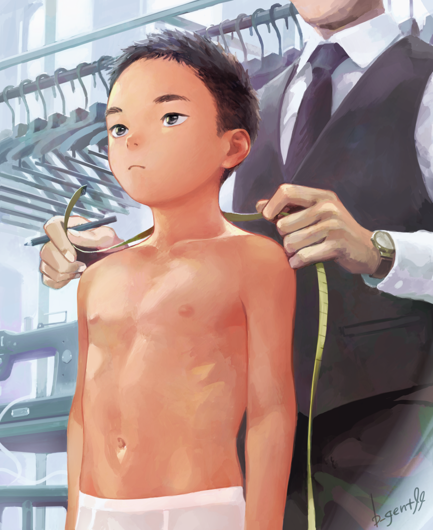 2boys, b_gent, black_hair, blue_eyes, briefs, expressionless, head_out_of_frame, male_focus