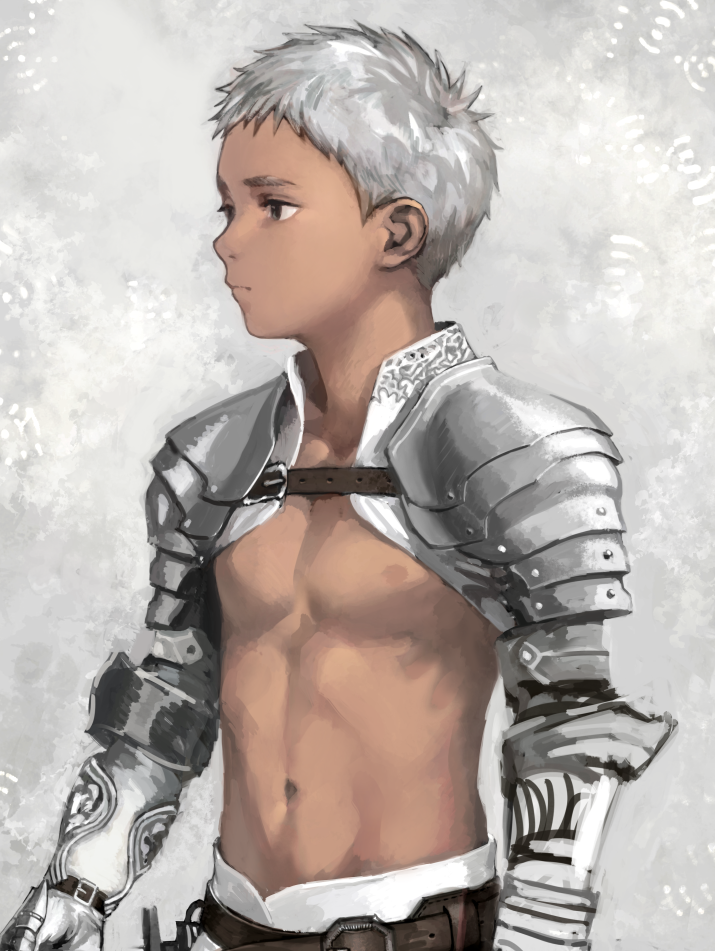 1boy, armor, b_gent, belt, dark_skin, dark_skinned_male, gauntlets, looking_to_the_side, male_focus, navel, nipples, original, pauldrons, silver_hair, solo, tan, vambraces