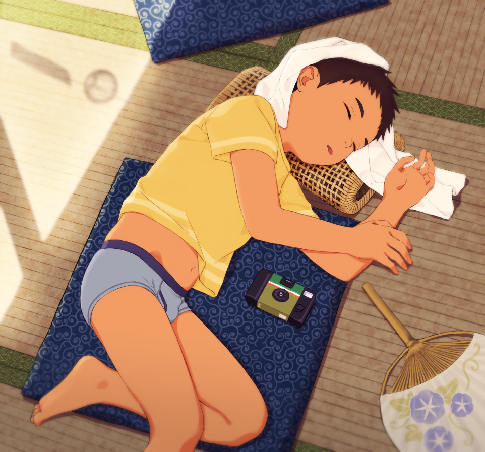 1boy, b_gent, barefoot, blue_briefs, briefs, camera, closed_eyes, fan