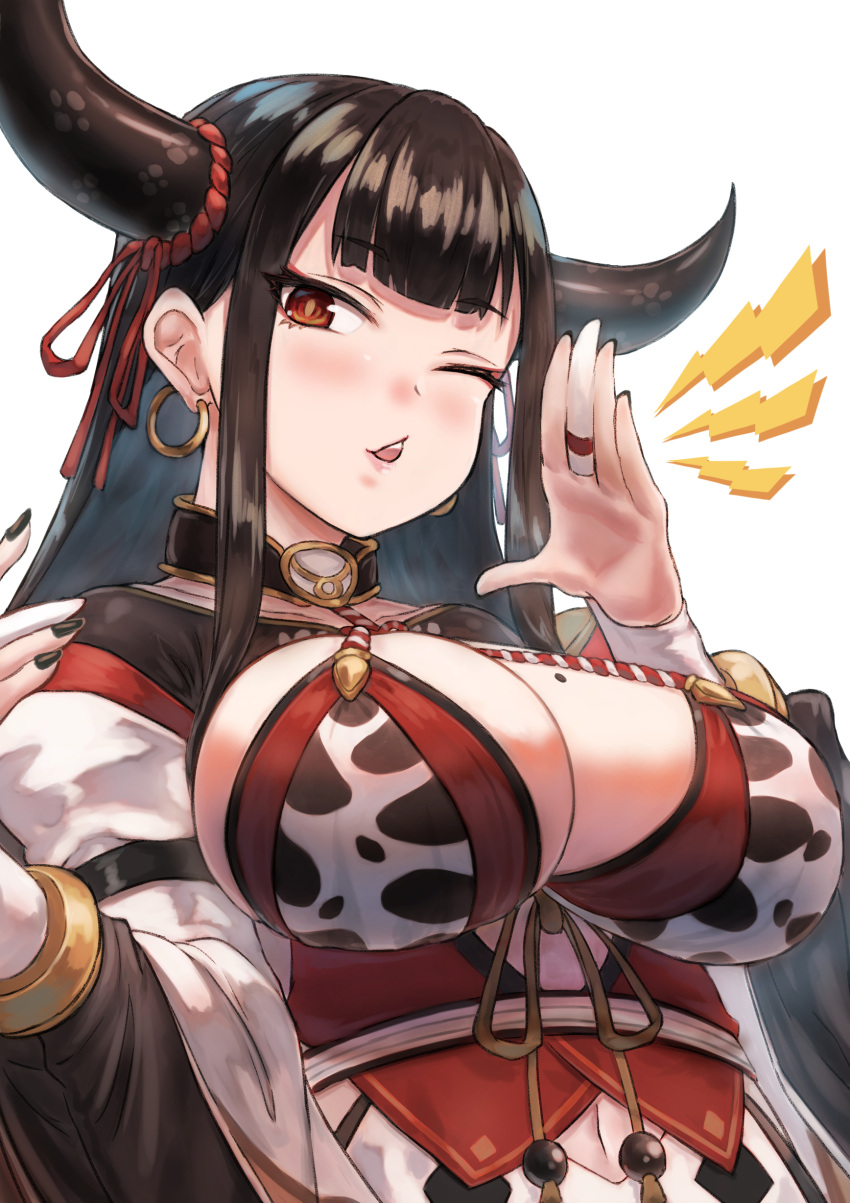1girl, absurdres, animal_print, bangs, black_hair, black_nails, breasts, bridal_gauntlets, brown_ribbon, cleavage, commentary_request, cow_girl, cow_horns, cow_print, dress, earrings, eyebrows_visible_through_hair, fingernails, gohei_(aoi_yuugure), hand_up, highres, hoop_earrings, horns, jewelry, large_breasts, lightning_bolt, long_hair, long_sleeves, mole, mole_on_breast, nail_polish, navel, one_eye_closed, parted_lips, re:act, red_eyes, red_ribbon, ribbon, simple_background, solo, upper_body, upper_teeth, ushio_tia, virtual_youtuber, white_background, white_dress, wide_sleeves