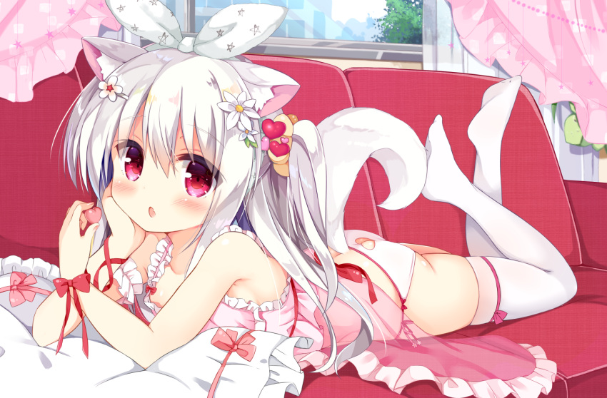 1girl, animal_ear_fluff, animal_ears, ass, babydoll, bare_shoulders, blush, bow
