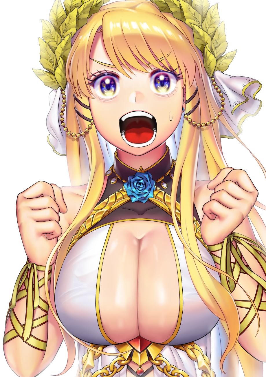 1girl, asymmetrical_bangs, azur_lane, bangs, blonde_hair, blue_eyes, breasts, chains, cleavage, clenched_hands, collarbone, dress, eyebrows_visible_through_hair, flower, hair_ornament, head_wreath, highres, large_breasts, long_hair, mayuma_yumeko, open_mouth, ribbon, shouting, simple_background, sleeveless, solo, sweatdrop, upper_body, victorious_(azur_lane), white_background