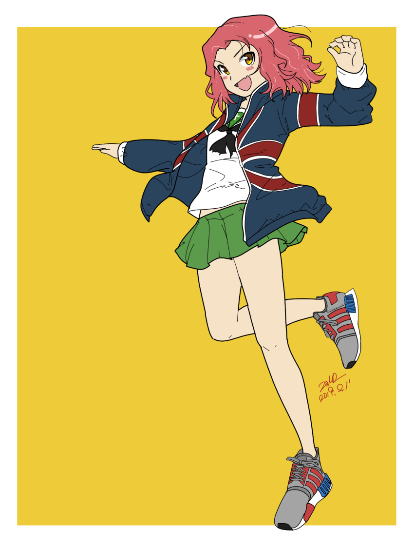 1girl, :d, alternate_costume, artist_name, black_neckwear, blouse, blue_jacket, blush_stickers