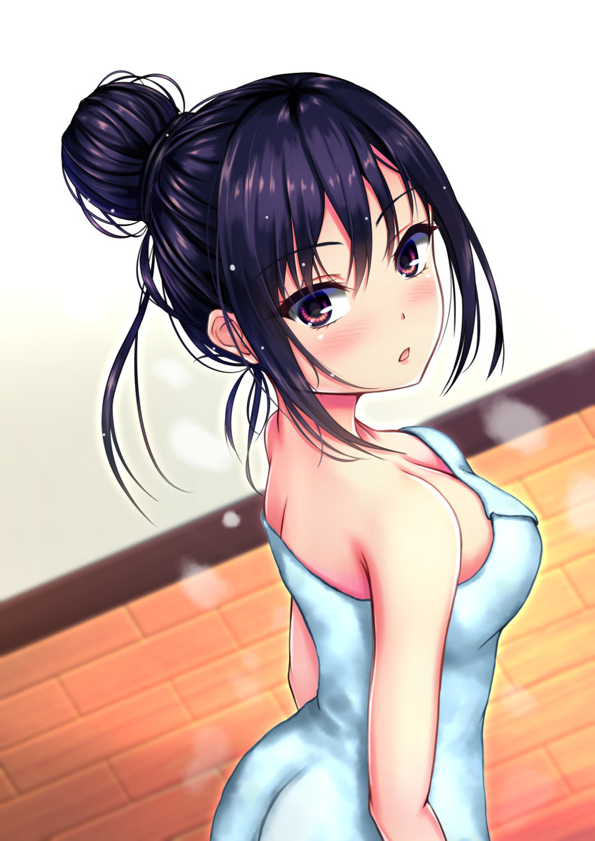 1girl, ass, bangs, black_hair, blush, breasts, breathing, cleavage, eyebrows_visible_through_hair, from_behind, hair_between_eyes, hair_bun, hair_up, highres, indoors, kurokami_(kurokaminohito), kurono_mika, long_hair, looking_at_viewer, looking_back, medium_breasts, naked_towel, open_clothes, original, red_eyes, sidelocks, solo, towel, wet, wet_hair