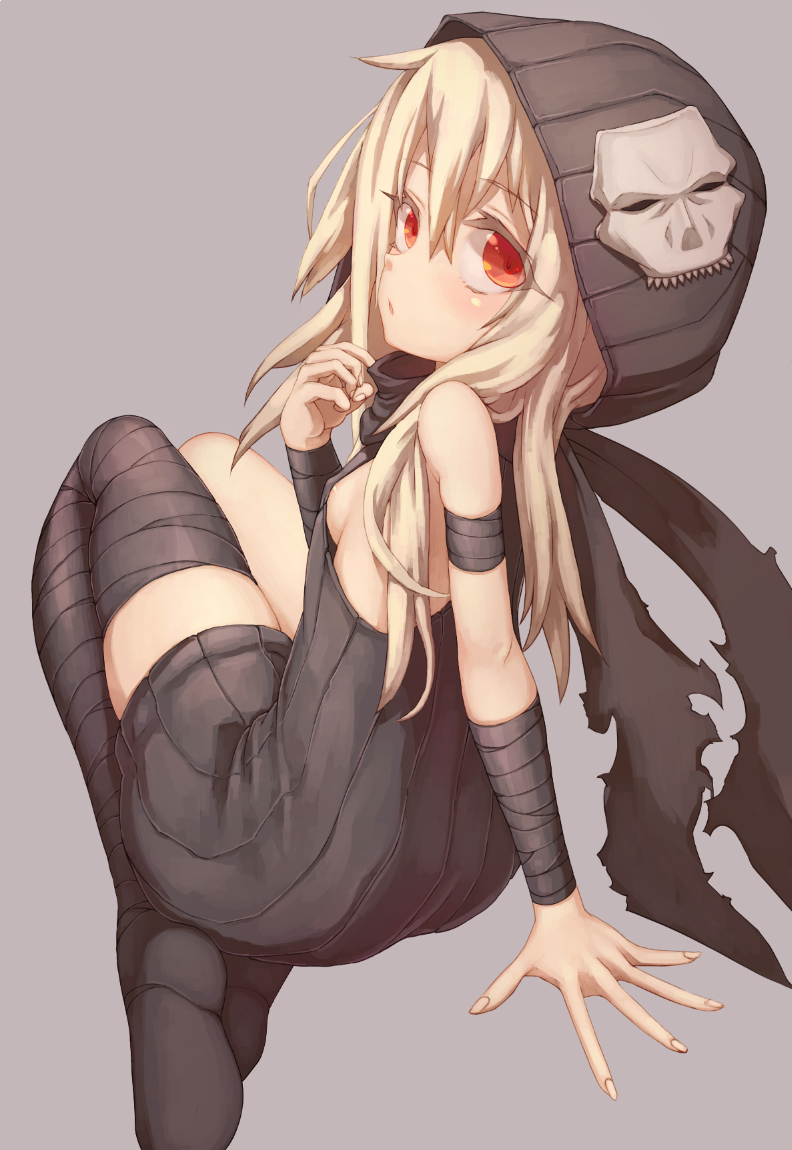 1girl, arched_soles, arm_support, arm_wrap, asymmetrical_legwear, bangs, bare_shoulders, black_jumpsuit, black_legwear, black_scarf, breasts, colored_eyelashes, commentary_request, enpera, eyebrows_visible_through_hair, eyes_visible_through_hair, fate_(series), fingernails, grey_background, hand_up, hood, hood_up, hooded_jumpsuit, illyasviel_von_einzbern, knees_up, leg_wrap, legs_together, light_blush, long_hair, looking_at_viewer, osabachan, parted_lips, platinum_blonde_hair, red_eyes, ribbed_jumpsuit, scarf, short_jumpsuit, sideboob, simple_background, skindentation, skull_mask, small_breasts, soles, solo, spread_fingers, torn_scarf