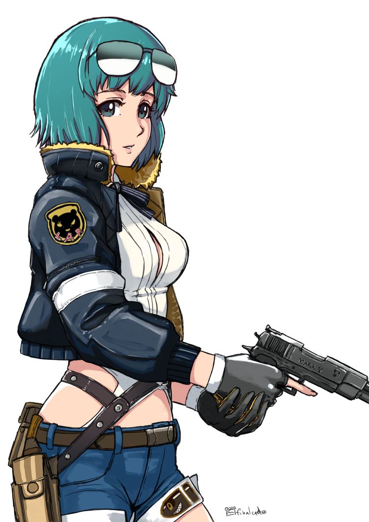 1girl, aqua_eyes, aqua_hair, artist_name, belt, black_gloves, breasts, bullet_print
