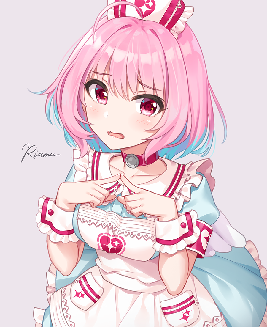 1girl, ahoge, apron, armband, blue_dress, blue_hair, blush, breasts