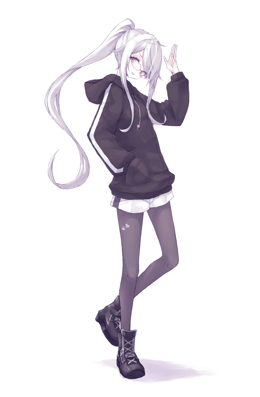 1girl, absurdres, bangs, black_footwear, black_hoodie, black_legwear, boots, buran_(kure)