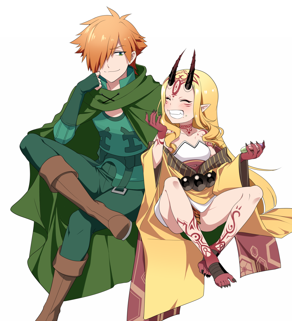 1boy, 1girl, beads, cape, cloak, closed_eyes, facial_mark, fangs