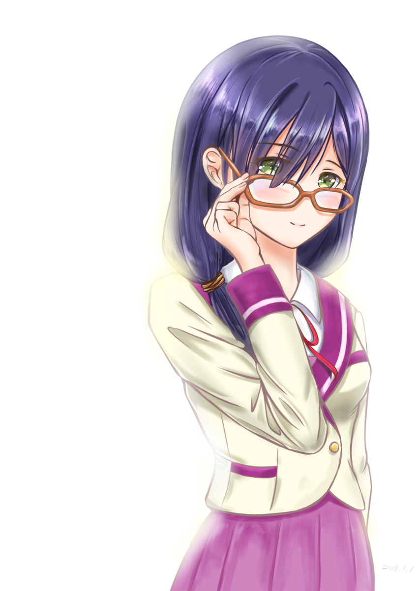 1girl, adjusting_eyewear, anime-gataris, arm_at_side, blue_hair, brown-framed_eyewear, dated, fluno