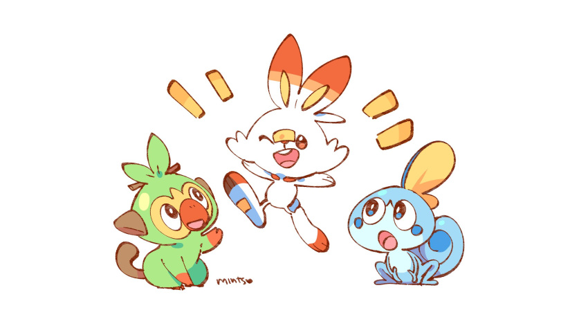 artist_name, bright_pupils, creatures_(company), game_freak, gen_8_pokemon, grookey, highres, jumping, nintendo, no_humans, pokemon, pokemon_(creature), redricewine, scorbunny, simple_background, smile, sobble, white_background