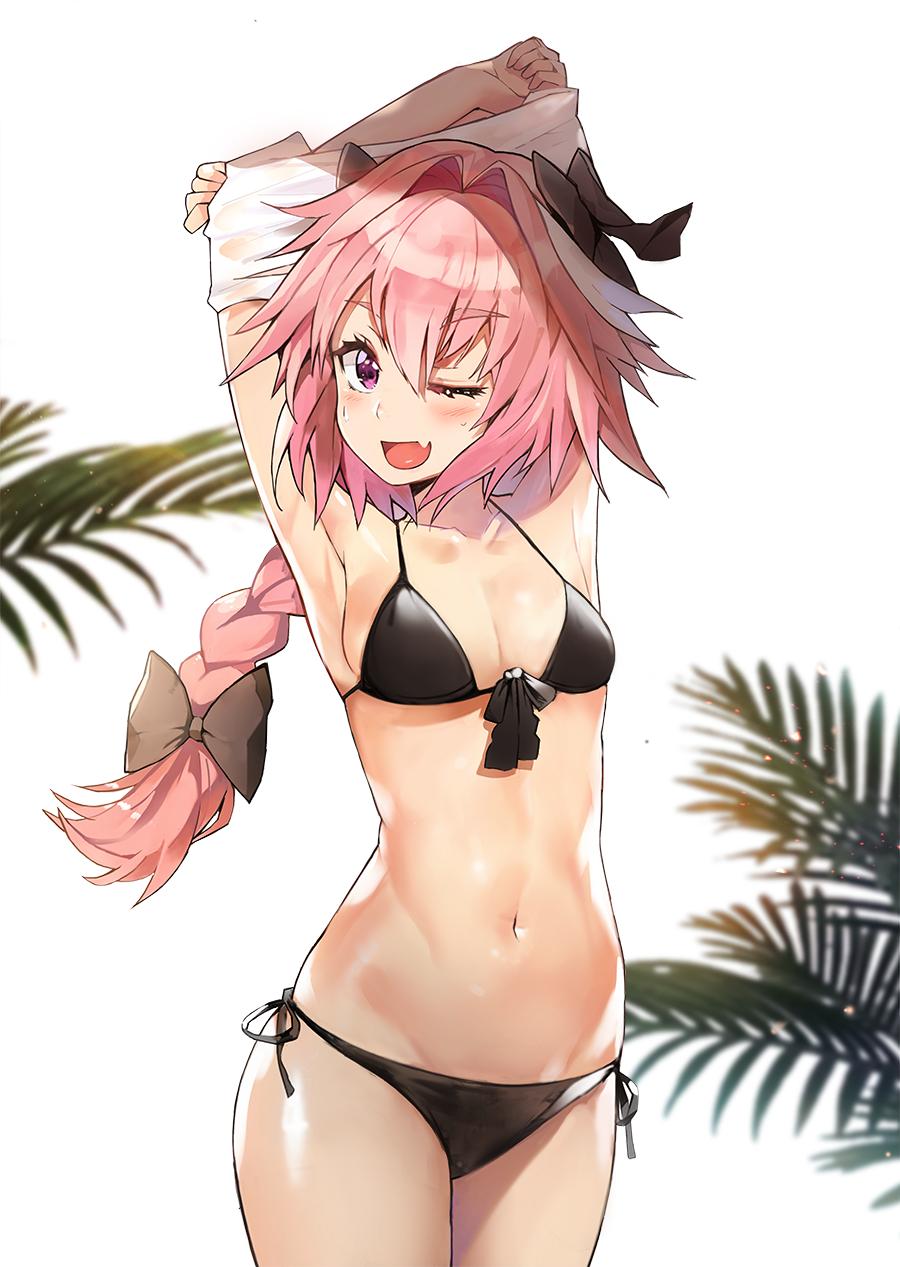 1girl, ;d, armpits, arms_up, astolfo_(fate), bikini, black_bikini, black_bow, blush, bow, braid, commentary_request, eto_(nistavilo2), eyebrows_visible_through_hair, fang, fate/apocrypha, fate/grand_order, fate_(series), genderswap, genderswap_(mtf), hair_bow, highres, long_hair, looking_at_viewer, navel, one_eye_closed, open_mouth, pectorals, pink_hair, side-tie_bikini, simple_background, single_braid, smile, solo, standing, swimsuit, thigh-highs, undressing, violet_eyes, white_background