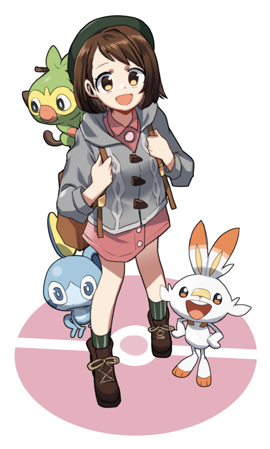 1girl, backpack, bag, bangs, boots, brown_eyes, brown_hair, creatures_(company), female_protagonist_(pokemon_swsh), from_above, full_body, game_freak, gen_8_pokemon, grey_coat, grookey, hood, hooded_sweater, looking_at_viewer, nintendo, pokemon, pokemon_(creature), pokemon_(game), pokemon_swsh, round_teeth, scorbunny, short_hair, simple_background, skirt, smile, sobble, standing, striped, striped_legwear, sweater, swept_bangs, teeth, wm_(chawoo1357)