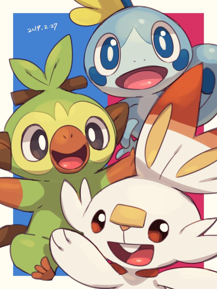 2019, creatures_(company), dated, game_freak, gen_8_pokemon, grookey, lizard, looking_at_another