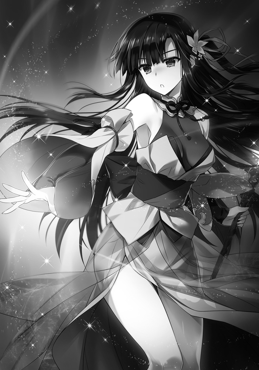 1girl, breasts, bridal_gauntlets, detached_sleeves, floating_hair, flower, greyscale, hair_flower
