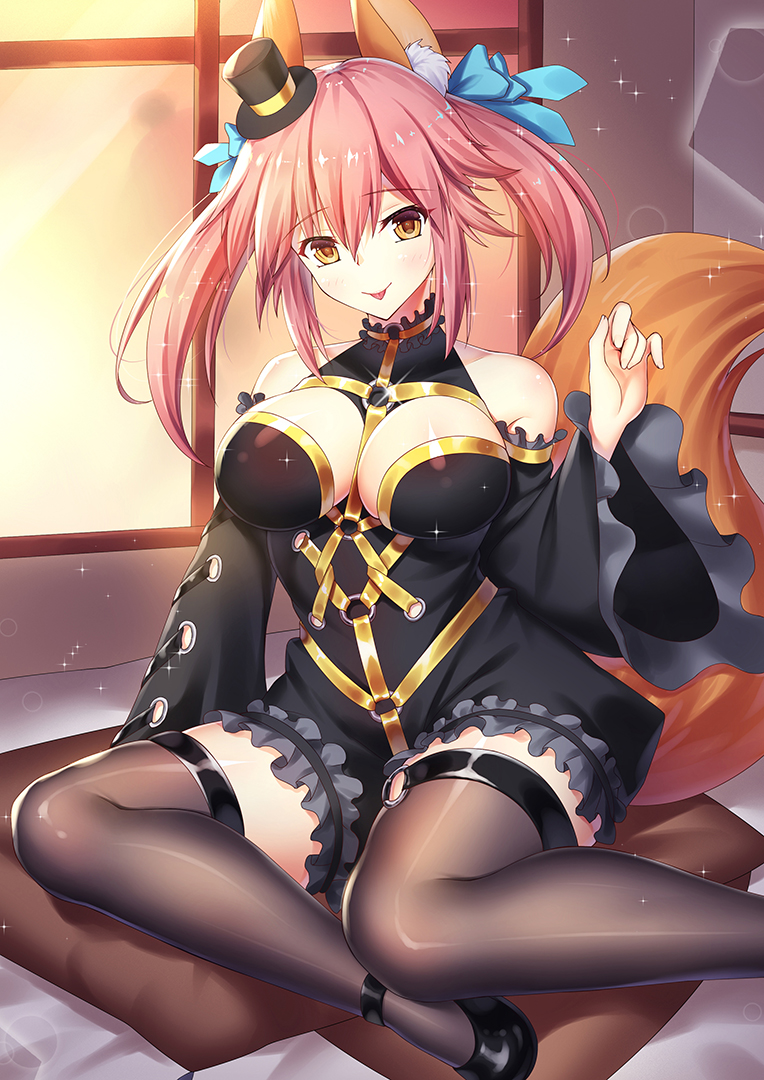 1girl, animal_ears, bangs, bare_shoulders, black_dress, black_footwear, black_hat, black_legwear