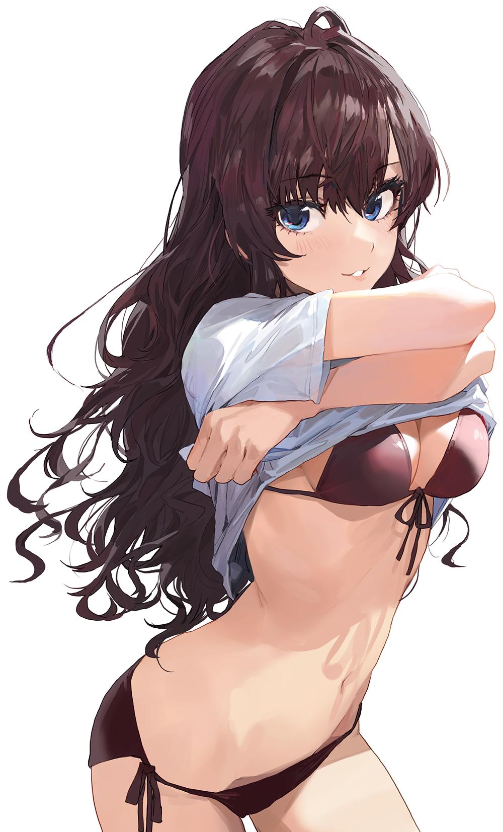 1girl, ahoge, bangs, bikini, blue_eyes, blush, breasts, brown_bikini, brown_hair, cleavage, hair_between_eyes, highres, ichinose_shiki, idolmaster, idolmaster_cinderella_girls, long_hair, looking_at_viewer, medium_breasts, mossi, navel, parted_lips, shirt, shirt_lift, short_sleeves, simple_background, smile, solo, swimsuit, t-shirt, wavy_hair, white_background